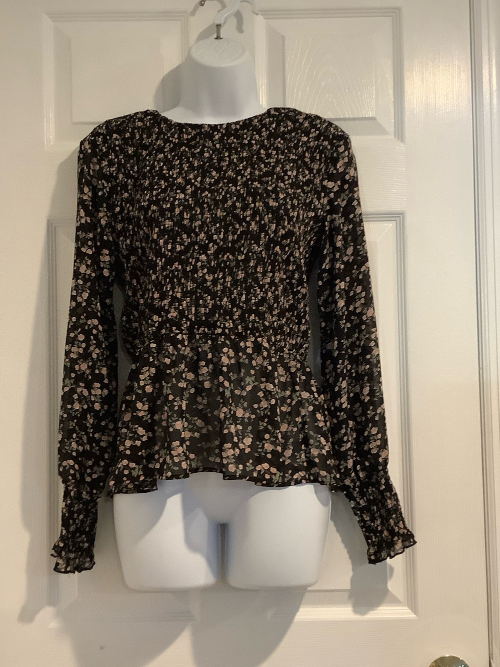 PETAL + PUP Black Floral Semi Sheer Smocked Peplum Cottagecore Fall Top Blouse M
